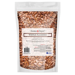 May include: A clear plastic bag filled with brown flax seeds. The bag has a label that reads "Aroma Depot&trade; Whole Flaxseed 100% Pure Ground Premium A Healthy obsession all natural super food" and "1 Lb."