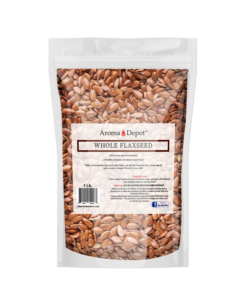 May include: A clear plastic bag filled with brown flax seeds. The bag has a label that reads "Aroma Depot&trade; Whole Flaxseed 100% Pure Ground Premium A Healthy obsession all natural super food" and "1 Lb."