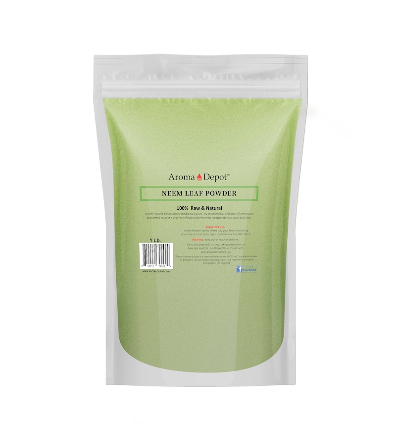 May include: A white resealable bag with a green label containing 1 lb of Neem Leaf Powder. The label reads "Aroma Depot" and "Neem Leaf Powder 100% Raw & Natural".