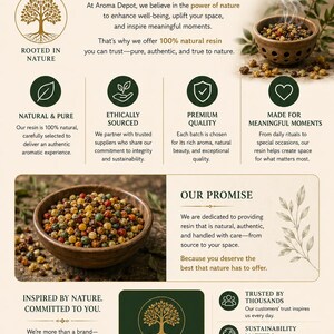 May include: An advertisement for Aroma Depot, featuring a wooden bowl filled with colorful resin beads. The text highlights natural resin, ethical sourcing, and meaningful moments. The logo includes a red drop and a tree.