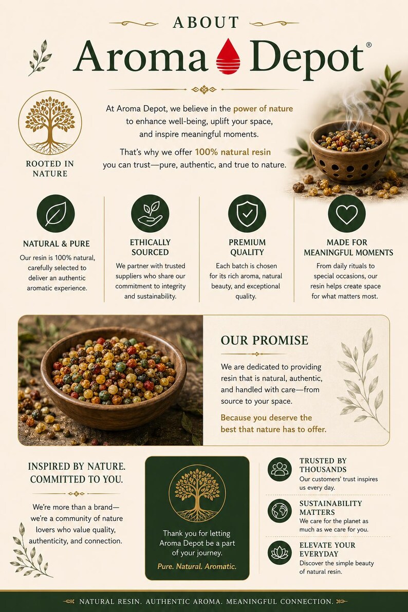 May include: An advertisement for Aroma Depot, featuring a wooden bowl filled with colorful resin beads. The text highlights natural resin, ethical sourcing, and meaningful moments. The logo includes a red drop and a tree.