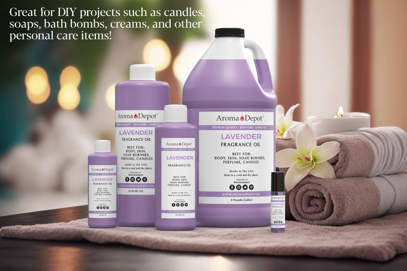 May include: Five bottles of lavender fragrance oil in various sizes, from a small 10 ml roll-on bottle to a large 1 gallon jug. The bottles are all purple and have a white label with the text "Aroma Depot" and "Lavender Fragrance Oil". The bottles are arranged on a table with a purple towel and white flowers.
