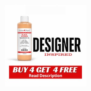 May include: A cylindrical bottle of peach-colored fragrance oil with a white screw cap. The label reads Aroma Depot, Black Women Fragrance Oil, 4 fluid oz, and lists uses for body, skin, soap, burners, perfume, and candles. Text reads Designer Inspired.