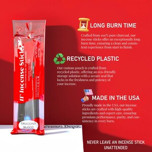 May include: A red plastic pouch of 11-inch Dragons Blood incense sticks by Aroma Depot. The packaging features text detailing a long burn time, recycled plastic materials, and production in the USA. A warning states never leave an incense stick unattended.