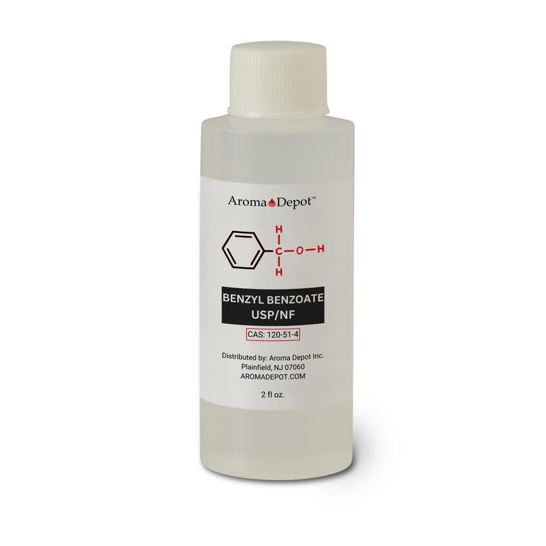 May include: A clear glass bottle with a white cap, labeled "Benzyl Benzoate USP/NF" with the chemical formula and CAS number. The bottle is 2 fluid ounces and is distributed by Aroma Depot Inc.