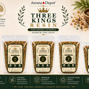 May include: An advertisement for "Three Kings Resin" incense. The image shows several clear plastic bags filled with resin, a wooden bowl of resin, and text that reads "Pure Natural Authentic Premium Tree Resin". The packaging includes the Aroma Depot logo.
