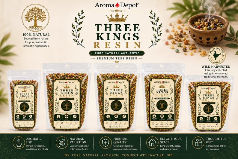 May include: An advertisement for "Three Kings Resin" incense. The image shows several clear plastic bags filled with resin, a wooden bowl of resin, and text that reads "Pure Natural Authentic Premium Tree Resin". The packaging includes the Aroma Depot logo.