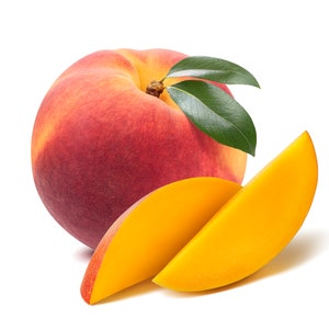 May include: A whole peach with a green leaf and two slices of mango on a white background.