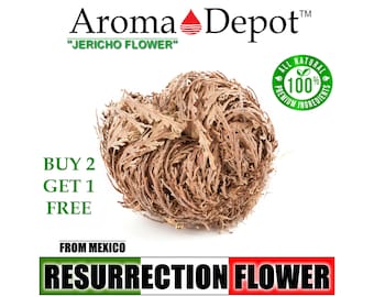 May include: A brown, dried, ball-shaped plant, also known as the "Resurrection Flower" or "Jericho Flower", with the text "BUY 2 GET 1 FREE" and "FROM MEXICO" printed below. The plant is labeled as "ALL NATURAL 100% PREMIUM INGREDIENTS".