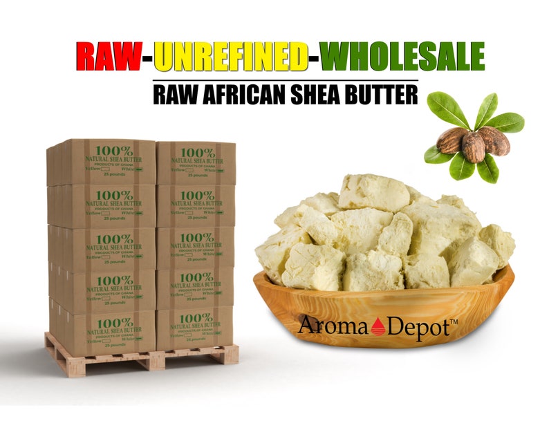 African Shea Butter Yellow or Ivory 100% Pure Organic Natural Raw Grade A Unrefined Wholesale Imported from Ghana. Aroma Depot Shea Butter is 100% Unrefined with an oily, nutty, smoky scent. Butyrospermum parkii. Shea Butter for Budy, Skin, and Hair.