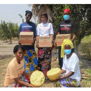 Picture Taken in West Africa-Ghana. A total of 3 African women hold Aroma Depot 100% Natural Shea Butter Product of Ghana Ivory Shea Butter. Two African women hold a wooden bowl with yellow African Shea Butter kneeling down.