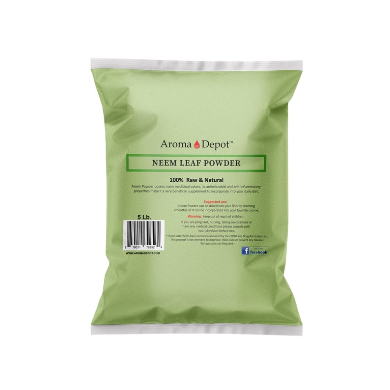May include: A green bag of Neem Leaf Powder, 100% Raw & Natural, with a label that says "Aroma Depot" and "5 Lb.".
