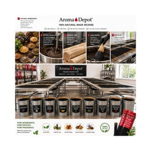 May include: A visual infographic for Aroma Depot 100% natural-made incense sticks. It displays the production process including natural ingredients, masala blending, bamboo cores, hand dipping, and air-drying. Metal bins labeled with scents like Lavender, Nag Champa, Black Cherry, Banana, A Thousand Wishes, Patchouli, Egyptian Musk, and Dragon's Blood are shown.