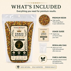 May include: Aroma Depot Three Kings Resin product packaging. The image shows a clear resealable bag filled with colorful resin beads, a small bowl of resin, a usage guide, and a resealable bag. The text reads "Pure Natural Authentic".