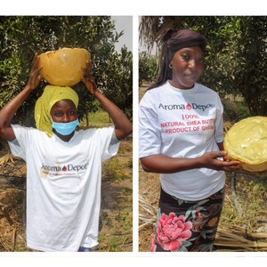 An African Woman standing with a wooden bowl filled with African Shea Butter on her head wearing a yellow rag on her head with an Aroma Depot White t-shirt in the forest of Africa - Ghana.