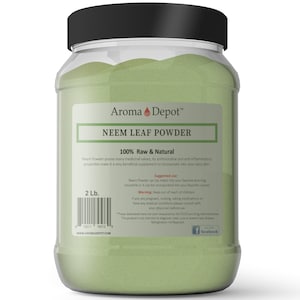 May include: A 2-pound jar of green Neem Leaf Powder, labeled "100% Raw & Natural" with the brand name "Aroma Depot". The label also includes information about the product's suggested use and warnings.