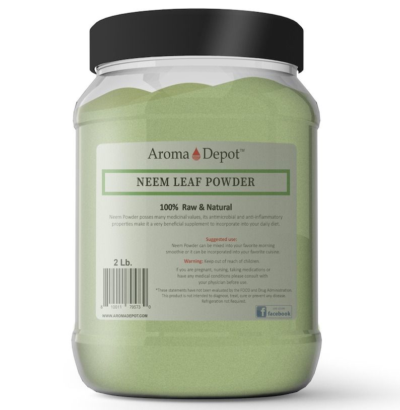May include: A 2-pound jar of green Neem Leaf Powder, labeled "100% Raw & Natural" with the brand name "Aroma Depot". The label also includes information about the product's suggested use and warnings.