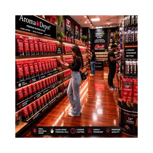May include: A retail store interior featuring shelves stocked with 19-inch jumbo incense sticks in red packaging. The store displays signage including Aroma Depot, 100% Natural Made, and Elevate Every Moment. A large cylindrical container holds incense sticks.