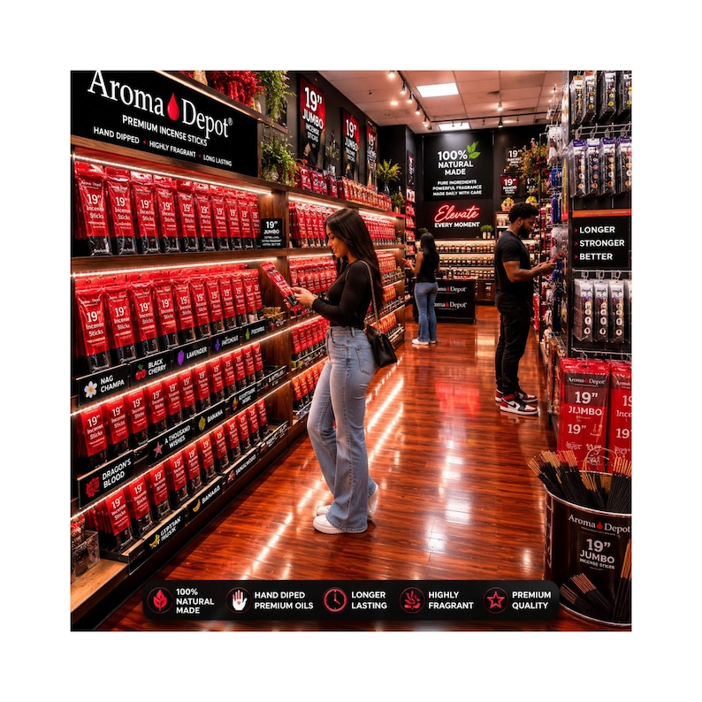 May include: A retail store interior featuring shelves stocked with 19-inch jumbo incense sticks in red packaging. The store displays signage including Aroma Depot, 100% Natural Made, and Elevate Every Moment. A large cylindrical container holds incense sticks.