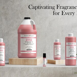 May include: Four bottles of mango butter fragrance oil in various sizes, from a small roller bottle to a large gallon jug. The bottles are all pink and have the same label with the text "Mango Butter Fragrance Oil" and "Aroma Depot".
