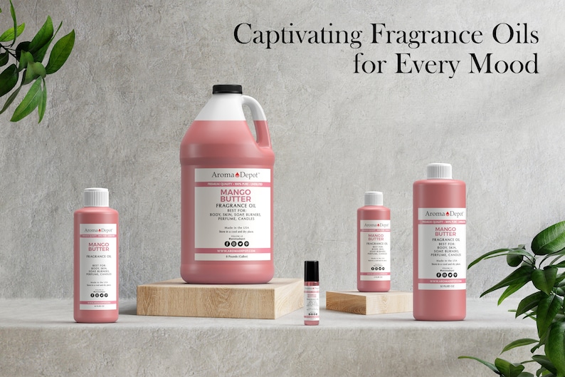 May include: Four bottles of mango butter fragrance oil in various sizes, from a small roller bottle to a large gallon jug. The bottles are all pink and have the same label with the text "Mango Butter Fragrance Oil" and "Aroma Depot".