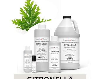 Può includere: Bottiglie di olio profumato alla Citronella di Aroma Depot, con foglie verdi. Le etichette indicano l'uso per corpo, pelle, bruciatori di sapone, profumi e candele. Misure in once liquide e libbre.