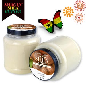 May include: Two clear glass jars filled with a light beige substance, labeled "Aroma Depot African Shea Butter 100% Raw & Natural". The jars are on a white background with a butterfly with the flag of Ghana in the background.