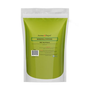 May include: A 1 lb bag of Moringa Powder from Aroma Depot. The bag is green and white with the text "Moringa Powder 100% Raw & Natural" and "Containing over 90 nutrients and all 8 amino acids, Moringa is often called one of nature's most nutrition foods."