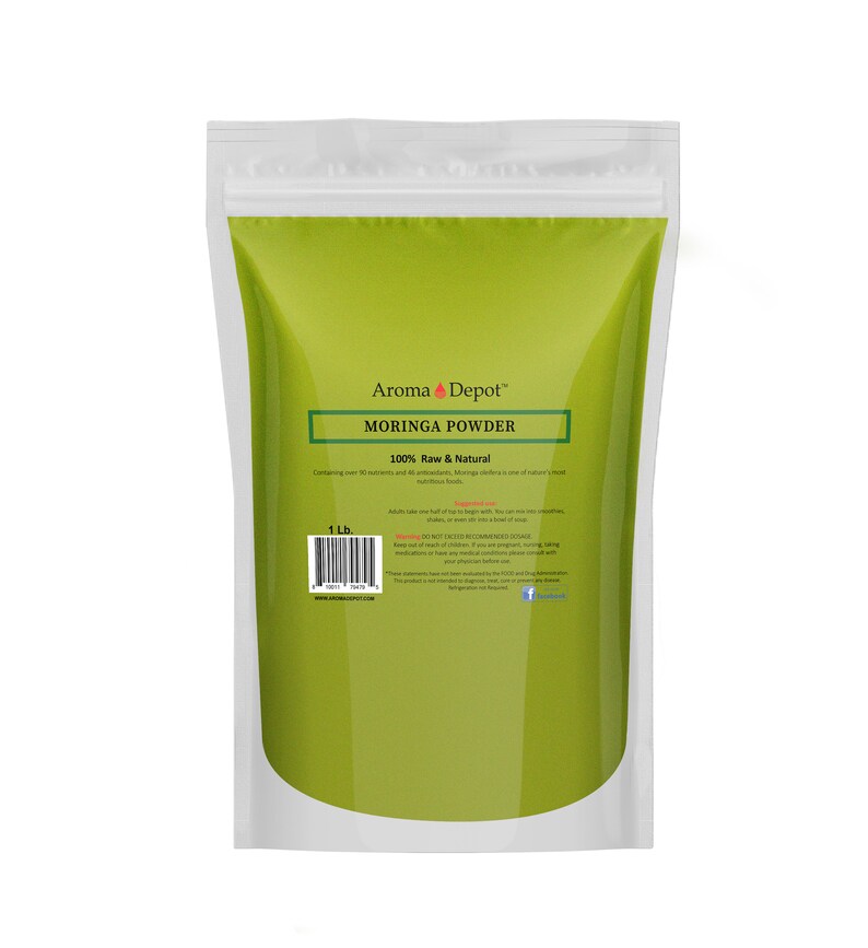May include: A 1 lb bag of Moringa Powder from Aroma Depot. The bag is green and white with the text "Moringa Powder 100% Raw & Natural" and "Containing over 90 nutrients and all 8 amino acids, Moringa is often called one of nature's most nutrition foods."