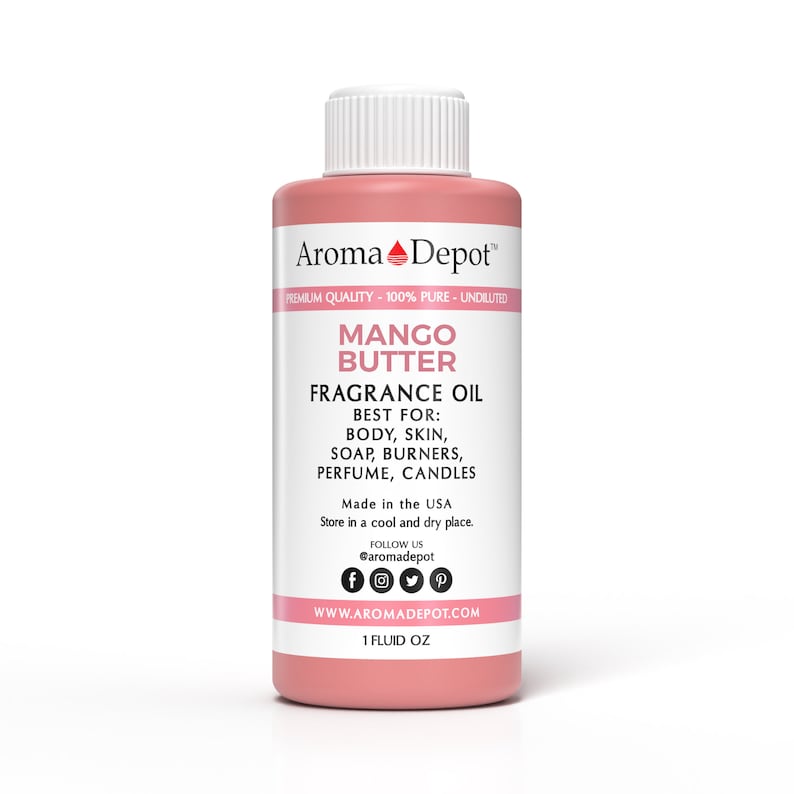 May include: A pink bottle of Mango Butter fragrance oil. The bottle is labeled "Aroma Depot" and says "100% Pure - Undiluted". The label also says "Best For: Body, Skin, Soap, Burners, Perfume, Candles". The bottle is 1 fluid ounce.