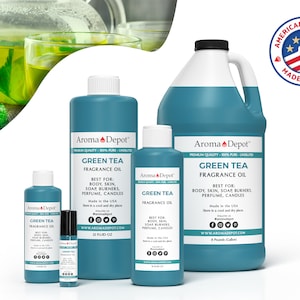 May include: Four bottles of green tea fragrance oil in various sizes, from a small roller bottle to a large gallon jug. The bottles are all teal blue and feature the brand name "Aroma Depot" and the text "Green Tea Fragrance Oil". The label also states "Best for: Body, Skin, Soap Burners, Perfume, Candles". The bottles are arranged on a white background with a small American flag in the top right corner.