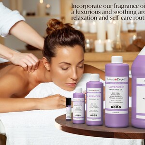 May include: Four bottles of lavender fragrance oil in different sizes, from a small roller bottle to a large 32 oz bottle. The bottles are all purple and have a white label with the text "Aroma Depot" and "Lavender Fragrance Oil".