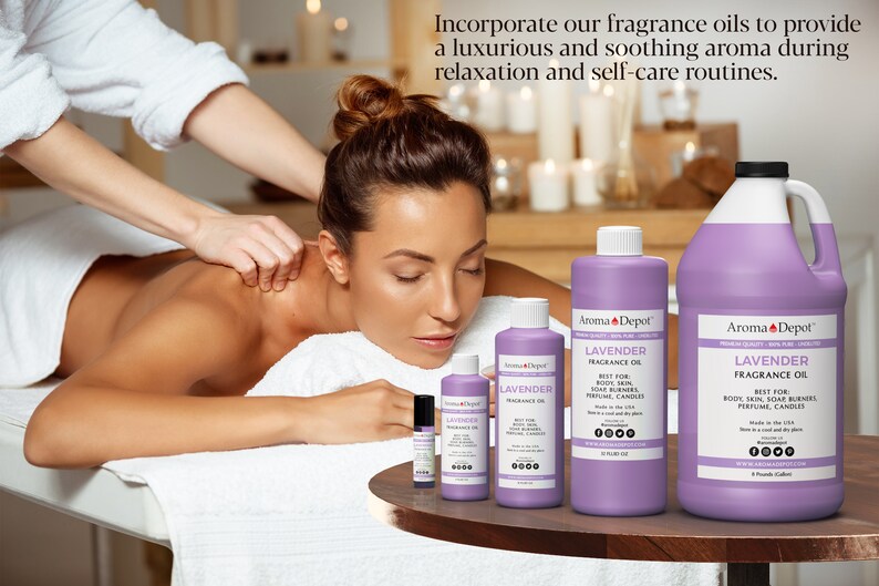 May include: Four bottles of lavender fragrance oil in different sizes, from a small roller bottle to a large 32 oz bottle. The bottles are all purple and have a white label with the text "Aroma Depot" and "Lavender Fragrance Oil".