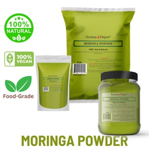May include: Three different sizes of green pouches of Moringa powder, labelled "Aroma Depot Moringa Powder 100% Raw & Natural". The pouches are on a white background with a green leaf design.