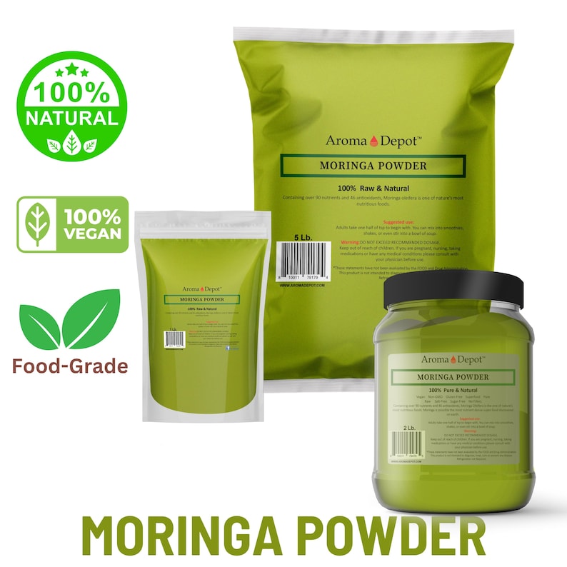 May include: Three different sizes of green pouches of Moringa powder, labelled "Aroma Depot Moringa Powder 100% Raw & Natural". The pouches are on a white background with a green leaf design.