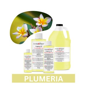 May include: Aroma Depot Plumeria BBW Type fragrance oil in various sizes, including 4 oz, 16 oz, 32 oz, and 1 gallon. The bottles are yellow, with white labels and black text. The image includes a floral background with white and yellow plumeria flowers.