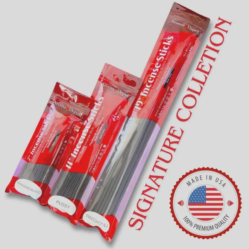May include: Three clear plastic packages of Aroma Depot incense sticks in 7-inch, 11-inch, and 19-inch lengths. The red and white packaging features the text "Incense Sticks," "Dragons Blood," "Pussy," and "Patchouli," with a "Made in USA" seal.
