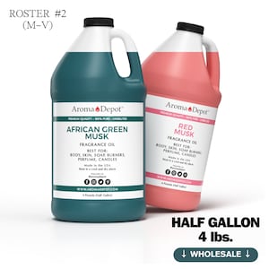 May include: Two 4-pound half-gallon bottles of fragrance oil. The bottle on the left is green and labeled "African Green Musk". The bottle on the right is pink and labeled "Red Musk". Both bottles are labeled "Aroma Depot" and say "Premium Quality - 100% Pure - Undiluted".