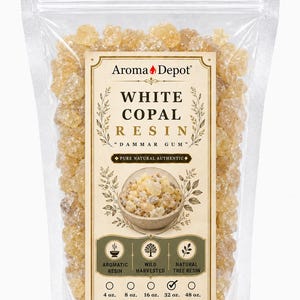 Pu&ograve; includere: Un sacchetto di plastica trasparente pieno di resina di copale bianca. L'etichetta riporta "Aroma Depot" e "White Copal Resin". L'etichetta indica anche che il prodotto &egrave; "Pure Natural Authentic" e disponibile in formati da 113 g a 1360 g.