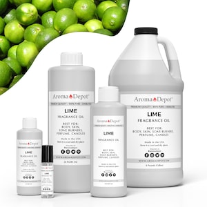 May include: Five bottles of lime fragrance oil in various sizes, from a small 1/2 ounce bottle to a large 8-pound (gallon) bottle. The bottles are white with black labels and the text "Aroma Depot" and "Lime Fragrance Oil".