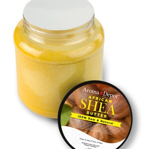 3 lb. Clear Wide-mouth Jar Sealed and filled with yellow Shea Butter. A lid is placed in front of the jar with a label that reads Aroma Depot African Shea Butter 100% Raw & Natural. Single item with a Pure White background.