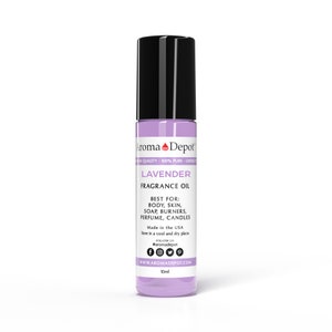 May include: A 10ml bottle of lavender fragrance oil. The bottle is purple and has a black cap. The label says "Aroma Depot" and "Lavender Fragrance Oil". It also says "Best for: Body, Skin, Soap, Burners, Perfume, Candles".