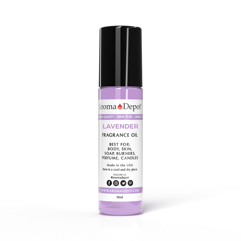 May include: A 10ml bottle of lavender fragrance oil. The bottle is purple and has a black cap. The label says "Aroma Depot" and "Lavender Fragrance Oil". It also says "Best for: Body, Skin, Soap, Burners, Perfume, Candles".