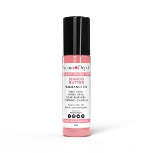 May include: A 10ml bottle of Mango Butter fragrance oil. The bottle is pink with a black cap and label. The label says "Aroma Depot" and "Mango Butter Fragrance Oil". It also says "Best for: Body, Skin, Soap, Burners, Perfume, Candles".