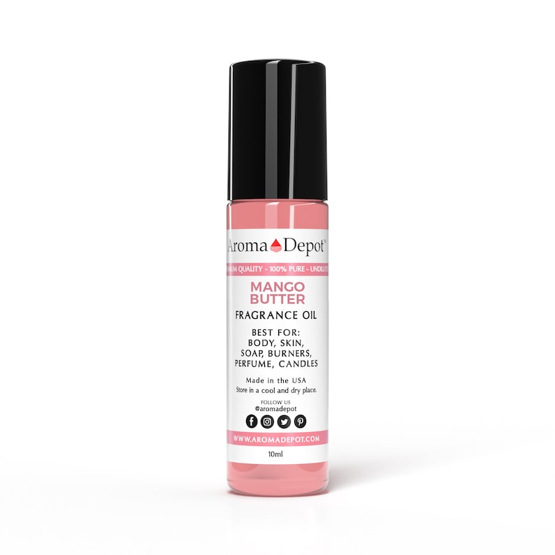 May include: A 10ml bottle of Mango Butter fragrance oil. The bottle is pink with a black cap and label. The label says "Aroma Depot" and "Mango Butter Fragrance Oil". It also says "Best for: Body, Skin, Soap, Burners, Perfume, Candles".
