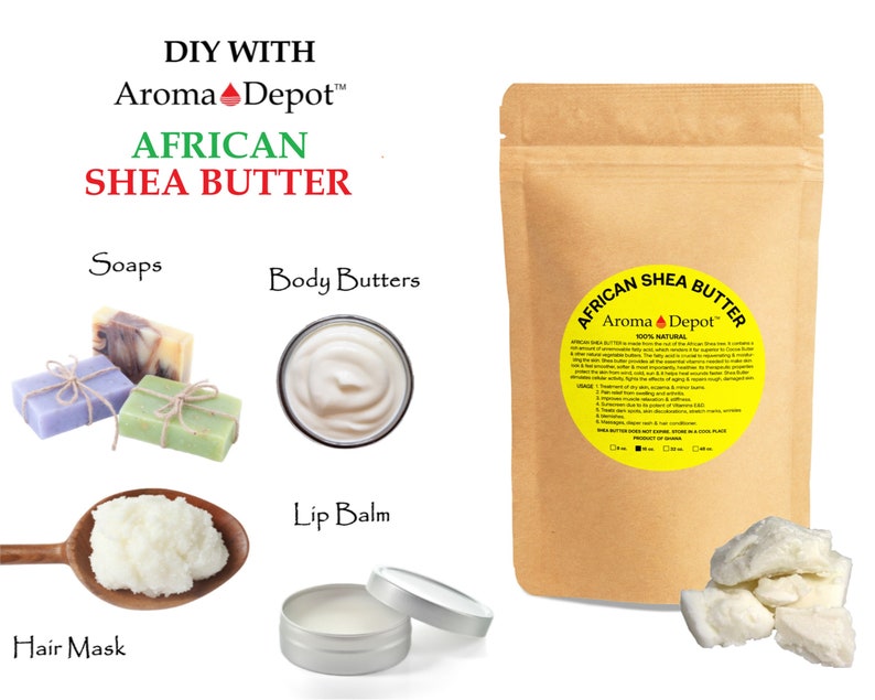 African Shea Butter Yellow or Ivory 100% Pure Organic Natural Raw Grade A Unrefined Wholesale Imported from Ghana. Aroma Depot Shea Butter is 100% Unrefined with an oily, nutty, smoky scent. Butyrospermum parkii. Shea Butter for Budy, Skin, and Hair.