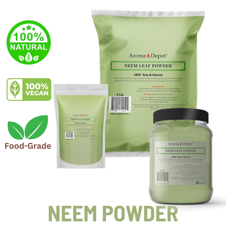 May include: Three containers of Neem Leaf Powder, a natural supplement. The containers are labeled "Aroma Depot" and are green with white text. The containers are 2 lb, 5 lb, and 1 lb. The text on the containers reads "100% Raw & Natural".