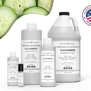 May include: A collection of Aroma Depot cucumber fragrance oil bottles and a gallon jug. The bottles vary in size and are labeled "Cucumber Fragrance Oil." The image includes a "Made in USA" seal and sliced cucumbers.