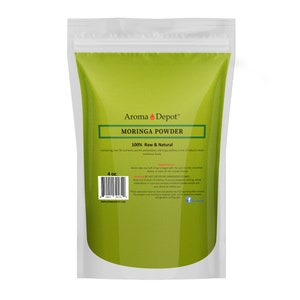 May include: A white resealable pouch with a green label that reads "Aroma Depot" Moringa Powder 100% Raw & Natural. The label also states "Containing over 90 nutrients and 46 antioxidants, Moringa oleifera is one of nature's most nutritious foods." The pouch contains 4 ounces of Moringa powder.