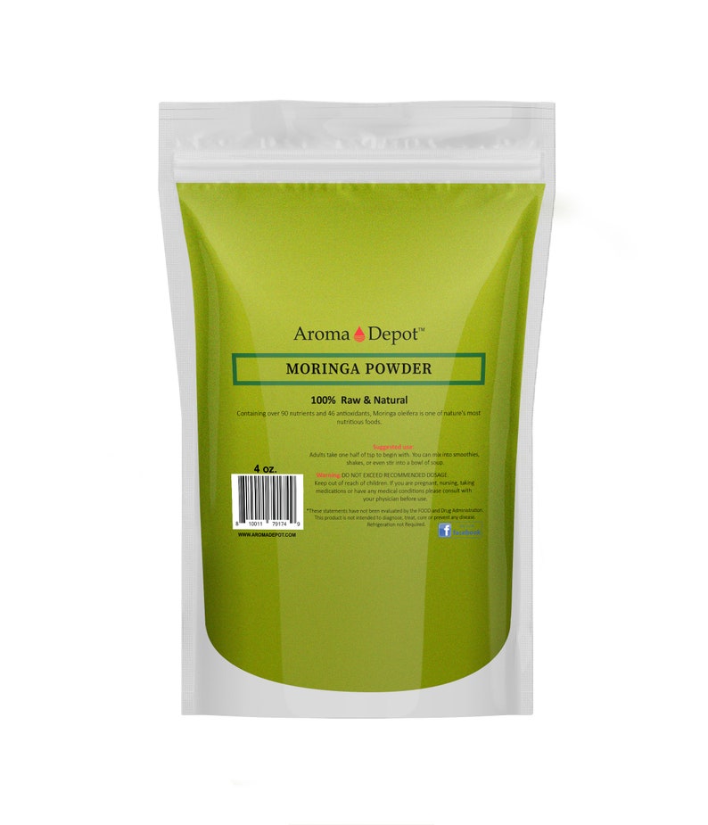 May include: A white resealable pouch with a green label that reads "Aroma Depot" Moringa Powder 100% Raw & Natural. The label also states "Containing over 90 nutrients and 46 antioxidants, Moringa oleifera is one of nature's most nutritious foods." The pouch contains 4 ounces of Moringa powder.